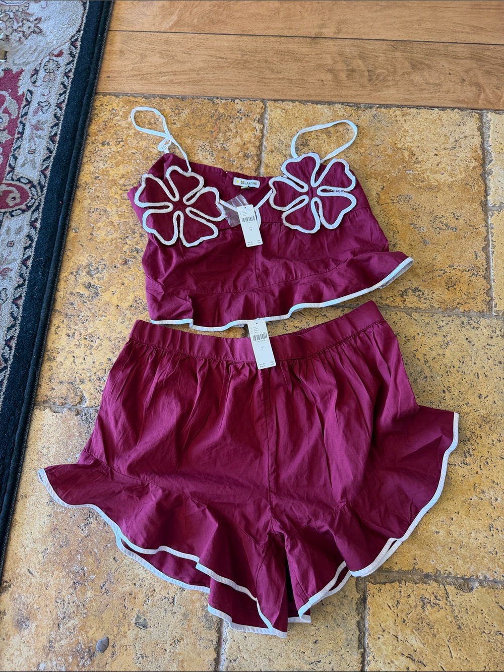 Celandine Two-Piece Floral Appliqué Top & Ruffle Shorts Set – NWT